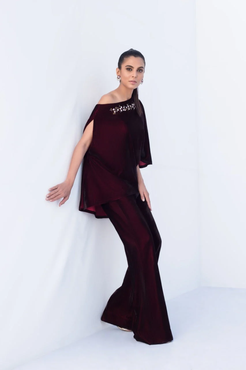 Deep Mahogany Velvet Off Shoulder Top With Bootcut Trouser - Image 3