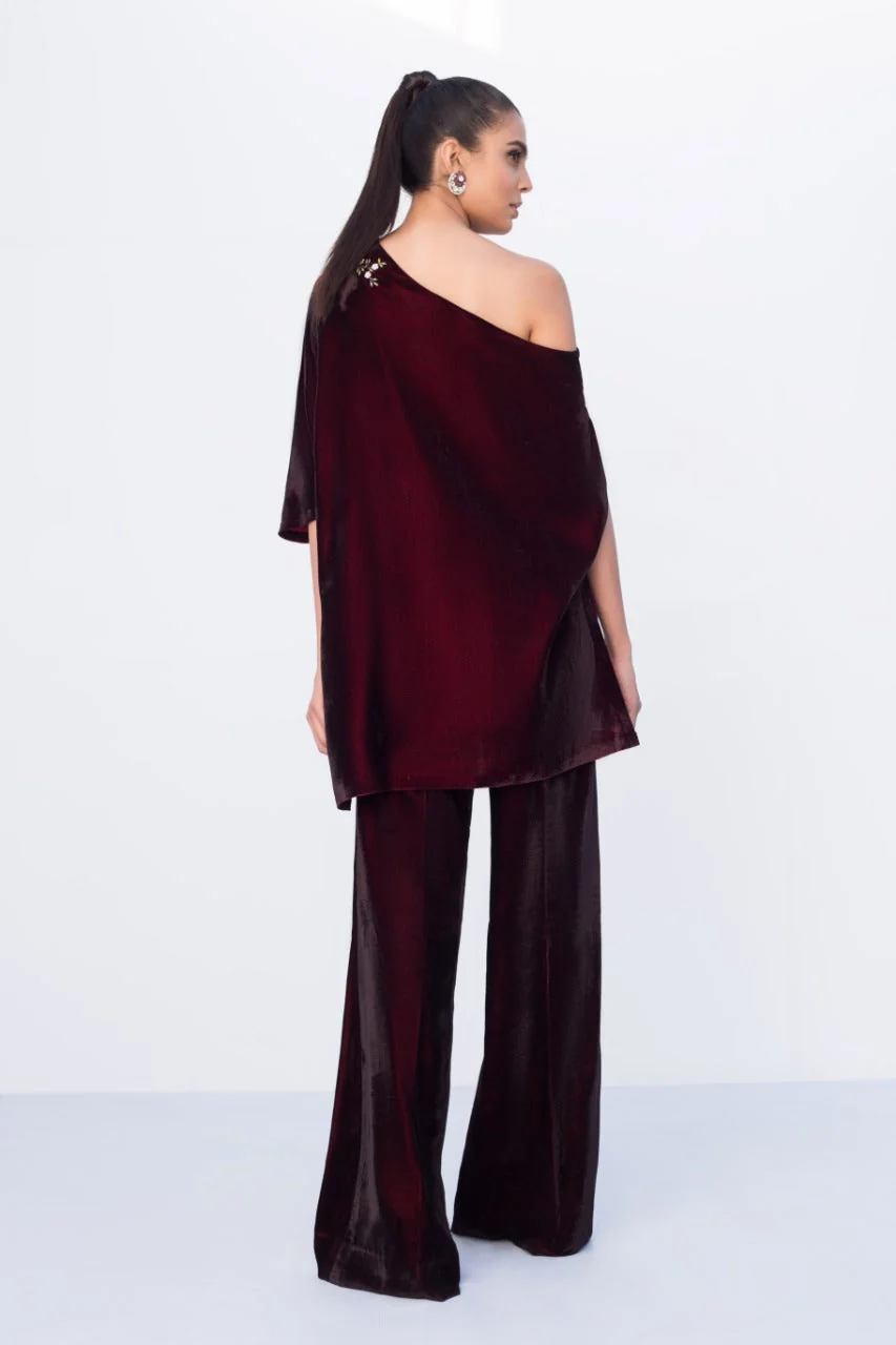Deep Mahogany Velvet Off Shoulder Top With Bootcut Trouser - Image 4