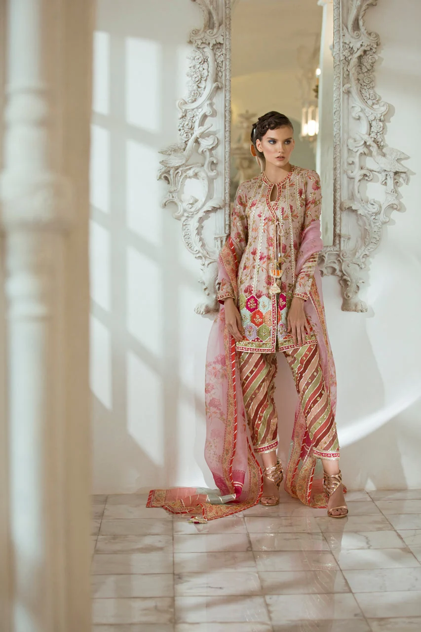 Digitally Printed Cotton Net Angharkha With Shalwar - Image 3