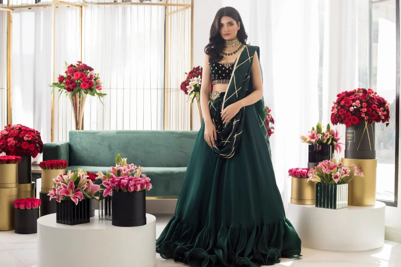Emerald Choli With Khaddi Silk Lehnga - Image 3