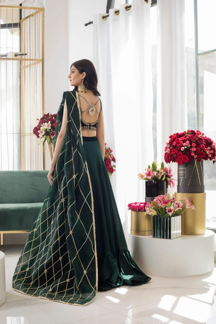 Emerald Choli With Khaddi Silk Lehnga - Image 4