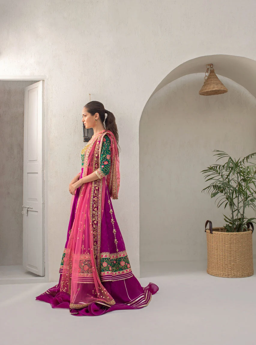 Parrot Green And Fuschia Worked Peshwas With Dusty Pink Net Dupatta - Image 2